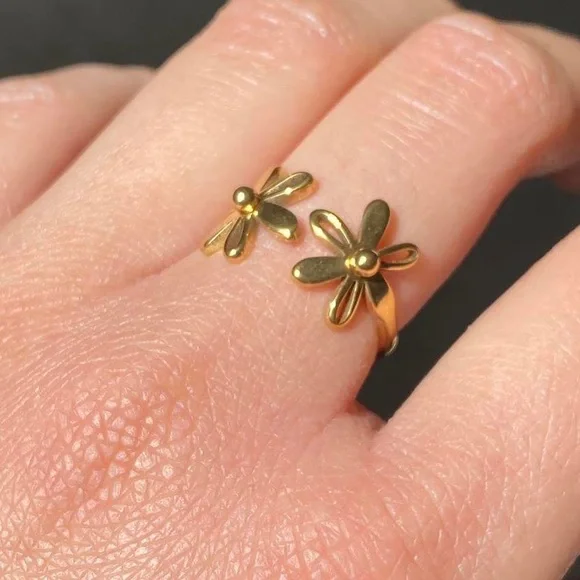 Gold Flower Cuff Ring, Stainless Steel - Picture 2 of 4